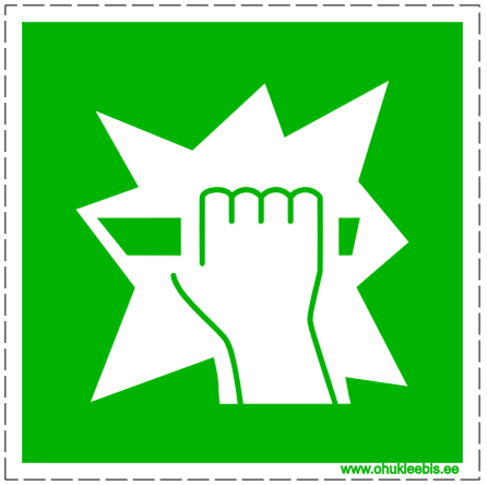 309 avariiväljapääsu või avariivarustuse juurde pääsemiseks tuleb klaas purustada 309 - Evakuatsioonimärk. Evakuatsioonipääsu või evakuatsioonivarustuse juurde pääsemiseks tuleks purustada klaas