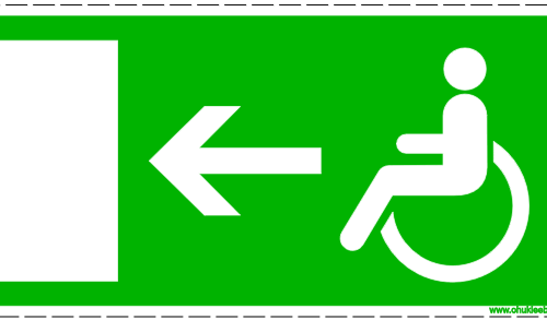 318 - Evakuatsioonimärk. Piiratud liikumisvõime või ratastooli kasutajate evakuatsioonitee vasakule