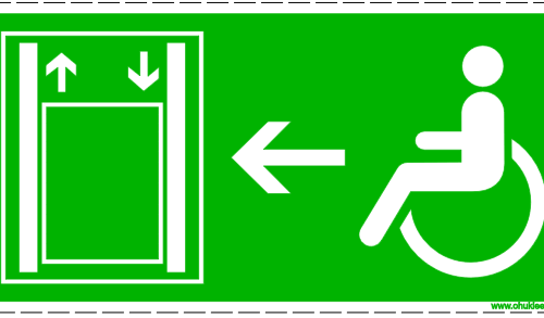 346 - Evakuatsioonimärk. ISO 7010. Piiratud liikumisvõime ja ratastooli kasutajate evakuatsioonitee vasakule