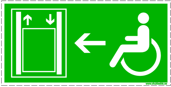346 ISO 7010 piiratud liikumisvõimega või ratastooli kasutajate evakuatsiooniteed 346 - Evakuatsioonimärk. ISO 7010. Piiratud liikumisvõime ja ratastooli kasutajate evakuatsioonitee vasakule