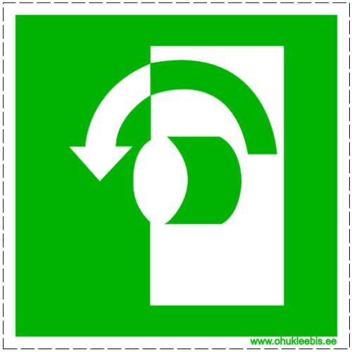 E018 - Evakuatsioonimärk. Evakuatsiooniukse avamine hädaolukorras. Ukse avamisel keerata ukselinki vasakule