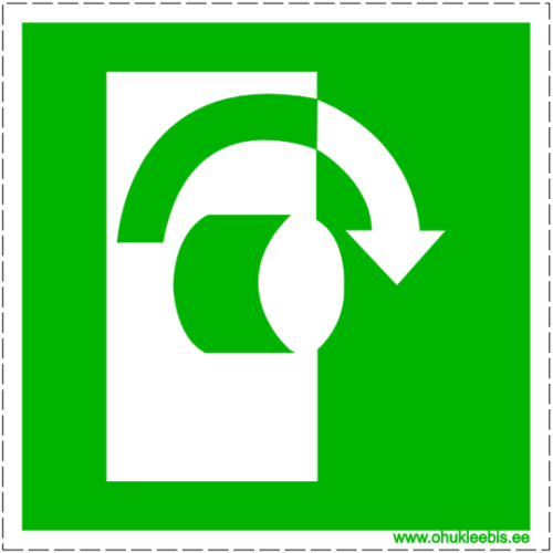 E019 - Evakuatsioonimärk. Evakuatsiooniukse avamine hädaolukorras. Ukse avamisel keerata ukselinki paremale
