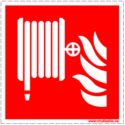 F002 ISO 7010 tuletõrjevoolikurulli asukoht F002 - Tuleohutus. ISO 7010. Tuletõrjevooliku asukohta