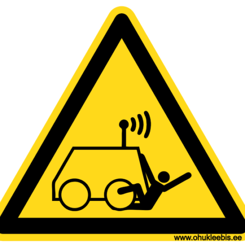 W037 ISO 7010. kaugjuhtimisega masina alla jäämise oht W037 - Hoiatusmärk. ISO 7010. Oht! Kaugjuhtimisega masina alla jäämise oht