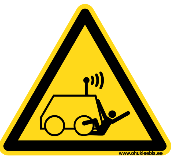 W037 ISO 7010. kaugjuhtimisega masina alla jäämise oht W037 - Hoiatusmärk. ISO 7010. Oht! Kaugjuhtimisega masina alla jäämise oht