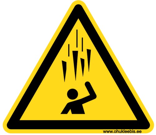 W039 W039 - Hoiatusmärk. ISO 7010. Oht! Katuselt võu hoonelt kukkuv jää, jääpurikad või lume langemise oht