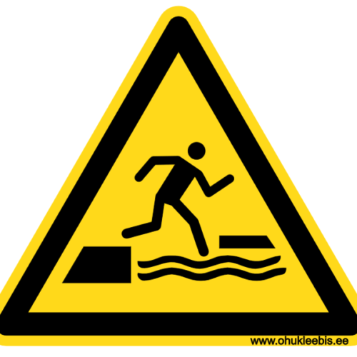 W068 - Hoiatusmärk. ISO 7010. Oht! Vette kukkumise oht ujuvale pinnale astudes või sealt maha astudes