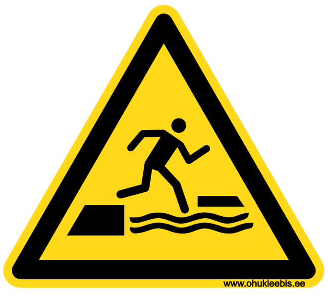 W068 ISO 7010. vette kukkumise oht ujuvale pinnale astudes või sealt maha astudes W068 - Hoiatusmärk. ISO 7010. Oht! Vette kukkumise oht ujuvale pinnale astudes või sealt maha astudes