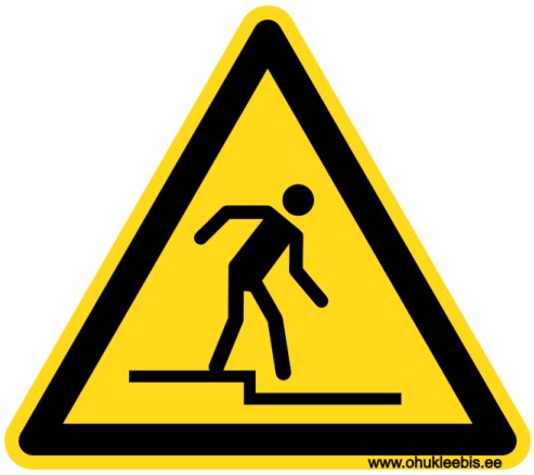 W070 W070 - Hoiatusmärk. ISO 7010. Oht! Tasapinna muutus. Astuge alla. Komistamis- või kukkumisoht